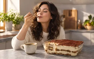Eine Frau probiert genüsslich hausgemachtes Tiramisu ohne Eier aus einer großen Glasform