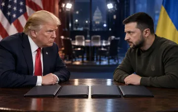 Donald Trump and Volodymyr Zelensky at a round table engaged in tense negotiations