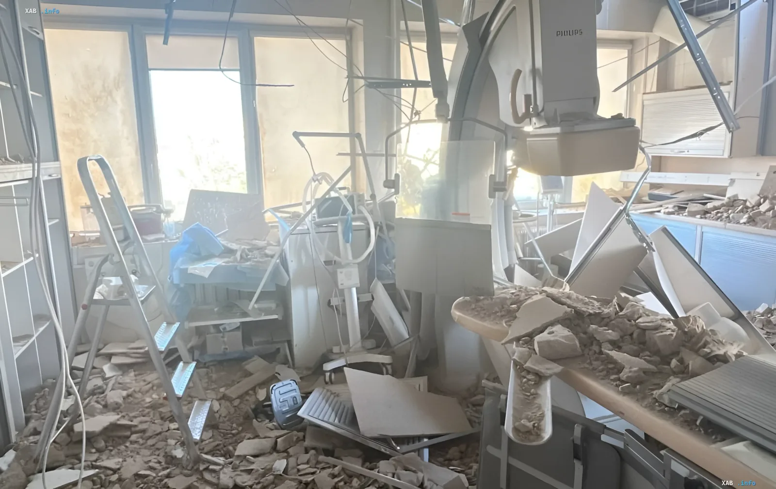 Destroyed operating room at the Strazhesko Cardiology Institute in Kyiv following a Russian strike, showing debris and damaged medical equipment