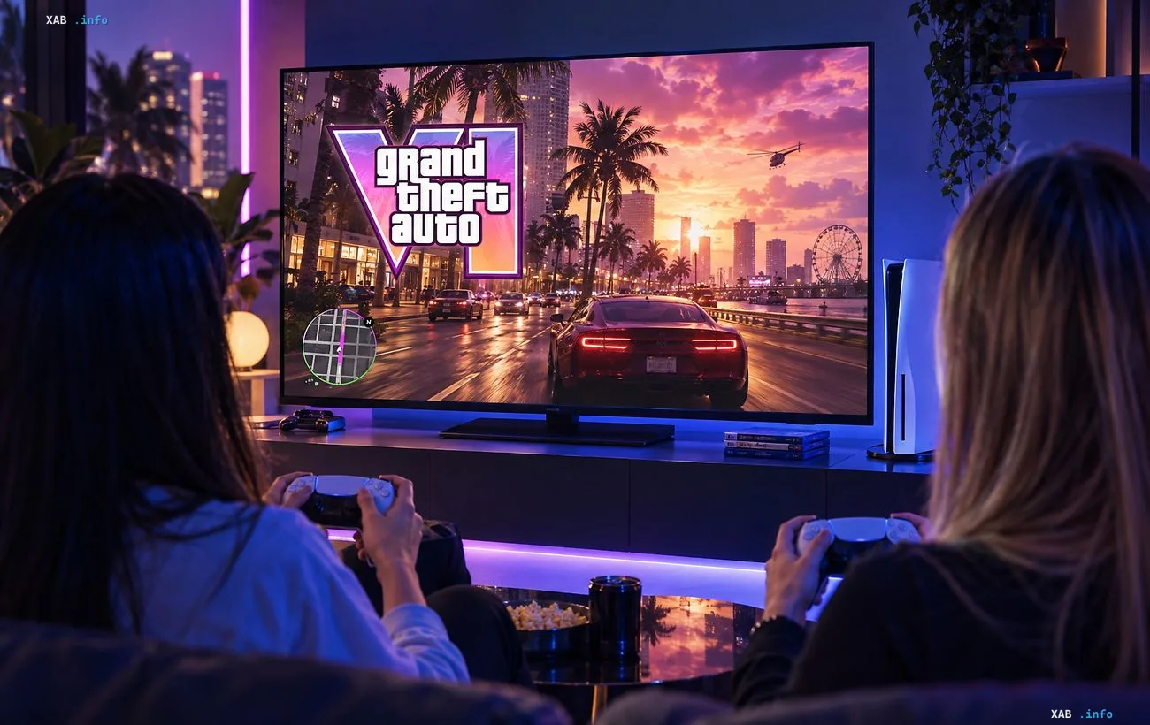 Two women playing PlayStation 5 on a large screen with Grand Theft Auto running