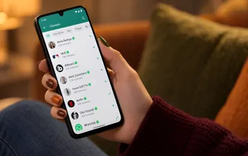 A person holds a smartphone displaying the WhatsApp messenger channels section on the screen