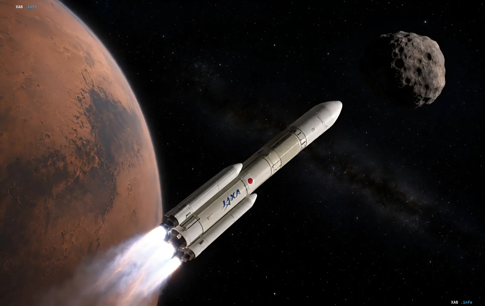 Japanische H3-Trägerrakete mit der MMX-Sonde vor dem Hintergrund des Mars und seines Mondes Phobos