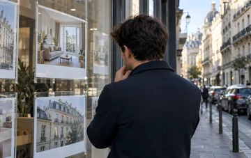 Man in a coat looking at a real estate agency window with housing photos in a European city