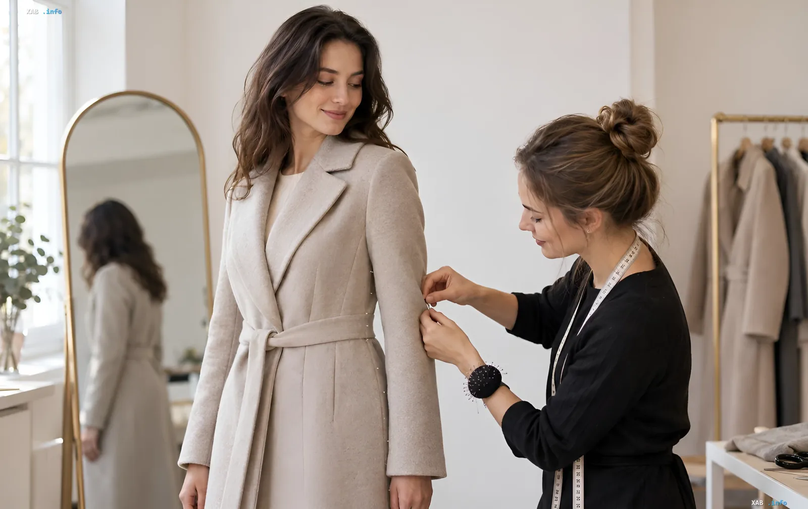 A tailor adjusts a coat on a client in a studio, focusing on garment fit