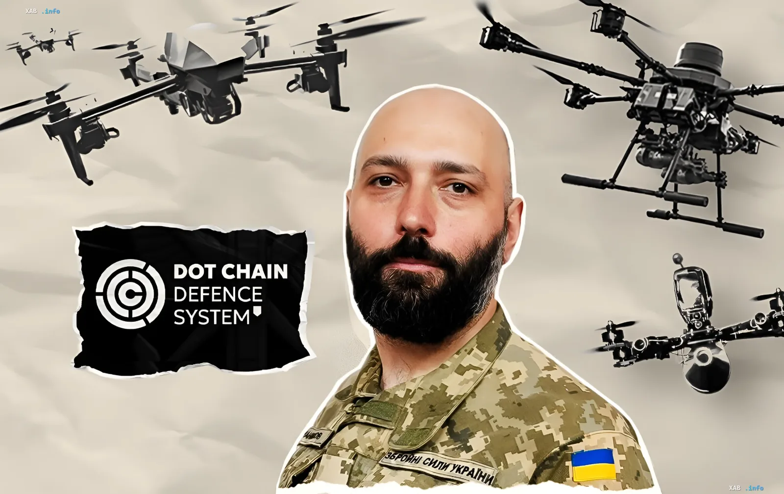 AOZ procurement head Artem Romanyukov against the background of Ukrainian military drones and the DOT-Chain Defence logo