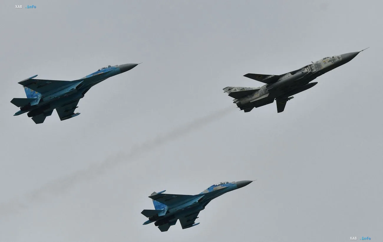Military fighter jets of the Ukrainian Air Forces flying in the sky in combat readiness