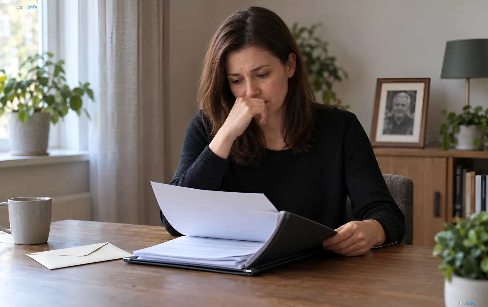A woman sits at a wooden table in a room, carefully examining official documents in a folder