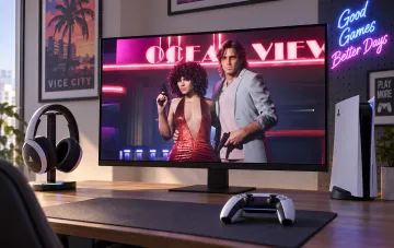 Modern gaming monitor displaying GTA 6 artwork on screen, with a white PlayStation 5 console and DualSense controller on a wooden desk.
