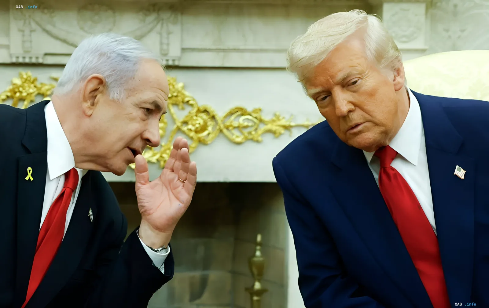 Israeli Prime Minister Benjamin Netanyahu whispers into the ear of US President Donald Trump during an official meeting