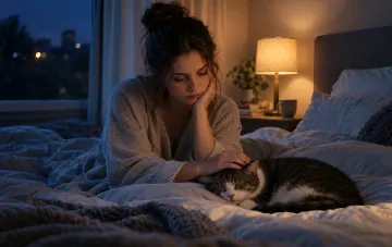 A woman strokes a sleeping cat on a bed in a cozy night bedroom