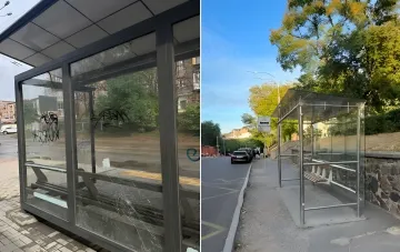 Two photographs of a glass public transport bus stop in Kyiv, one showing damage and the other after being returned to its place