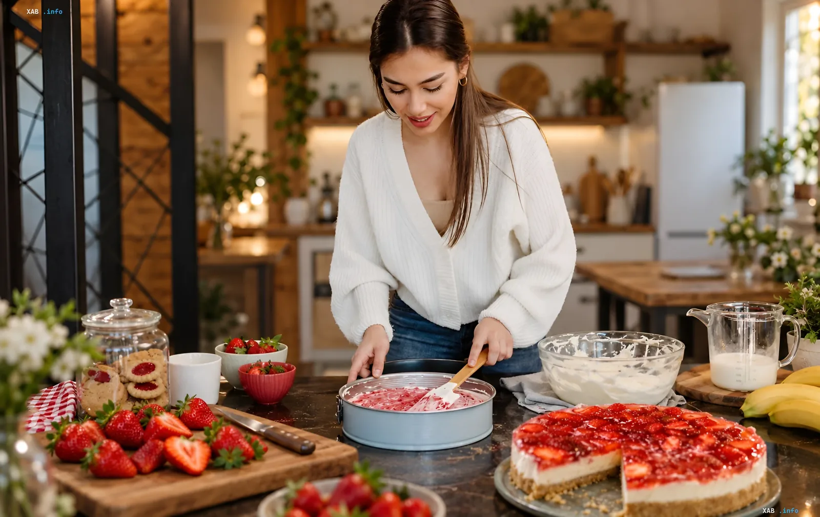 A woman making a strawberry cheesecake in the kitchen with fresh berries and cookies nearby