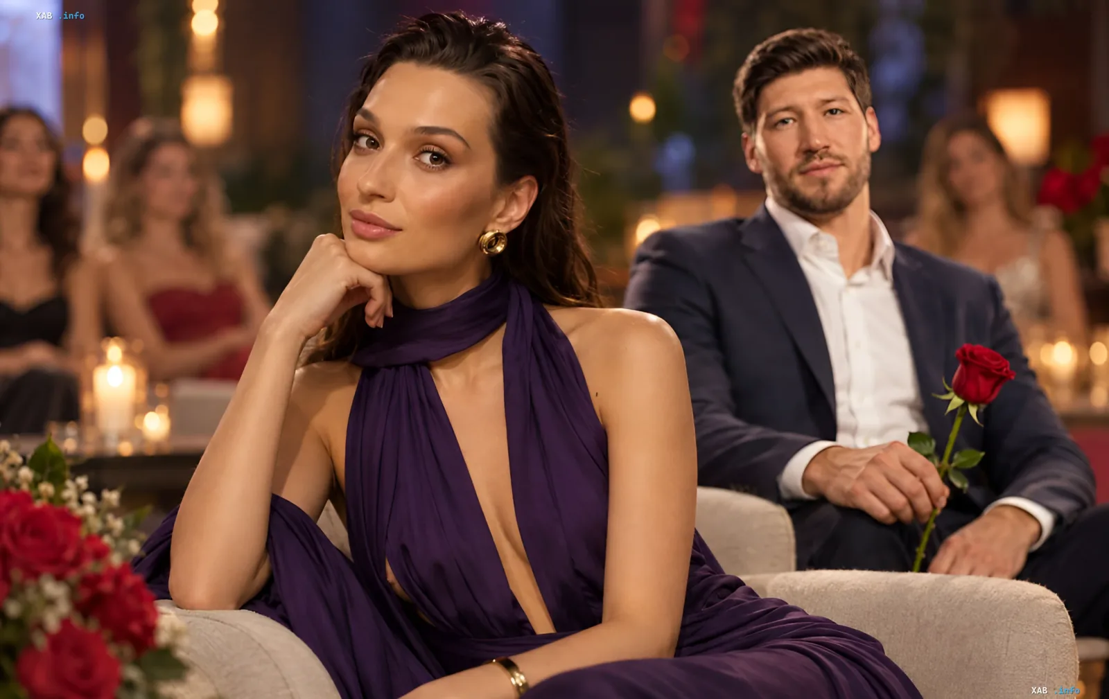 Bachelor contestant Liya Yangolenko sits next to the main hero Vyacheslav Kravtsov in an evening outfit.