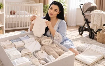 Young mother unpacking a large box with clothes and items for a newborn baby