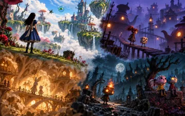 Collage of screenshots from dark fairy tale video games featuring fantastical worlds and whimsical characters