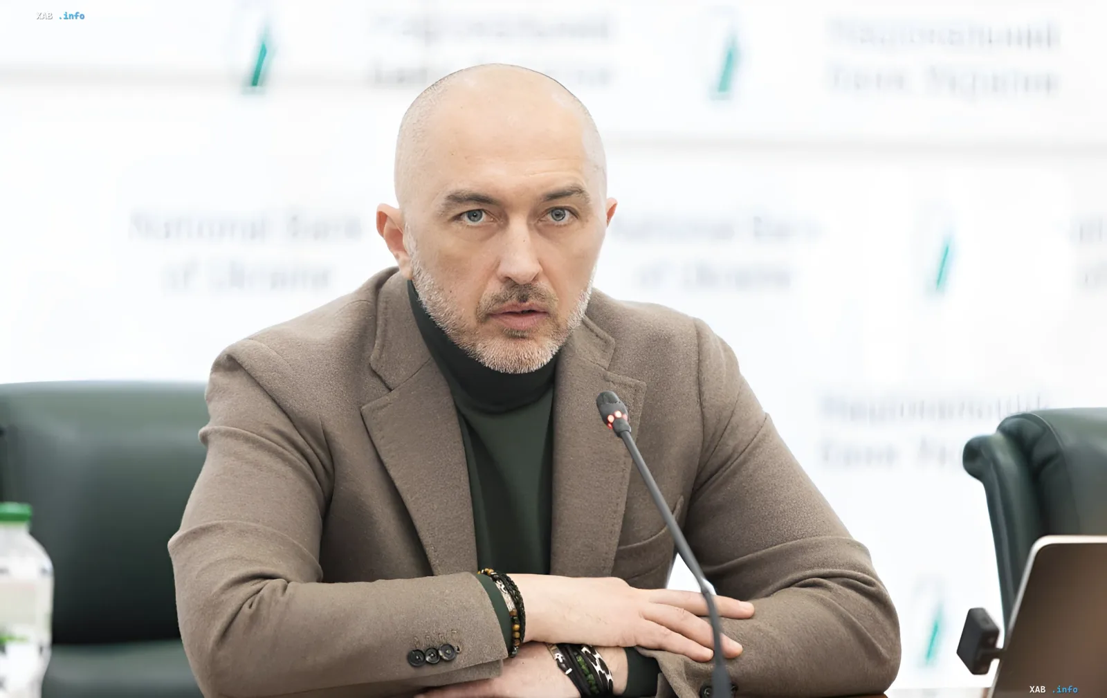 National Bank of Ukraine Governor Andrii Pyshnyy wearing a business jacket during a press conference