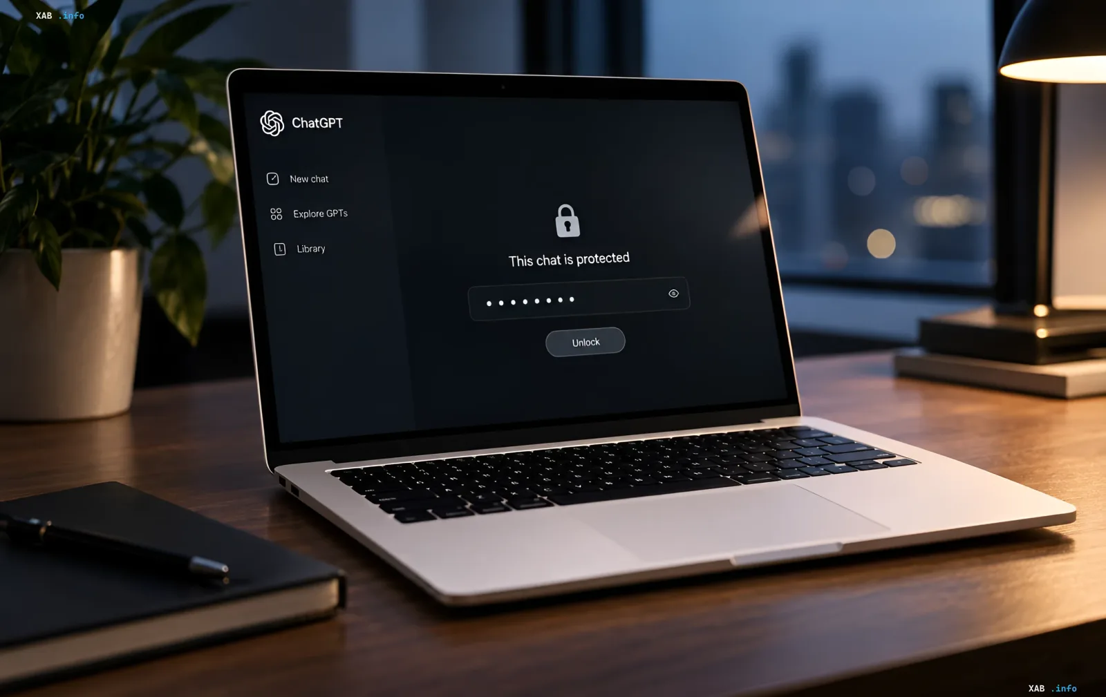 Laptop on a wooden desk displaying the Locked chats security screen in ChatGPT
