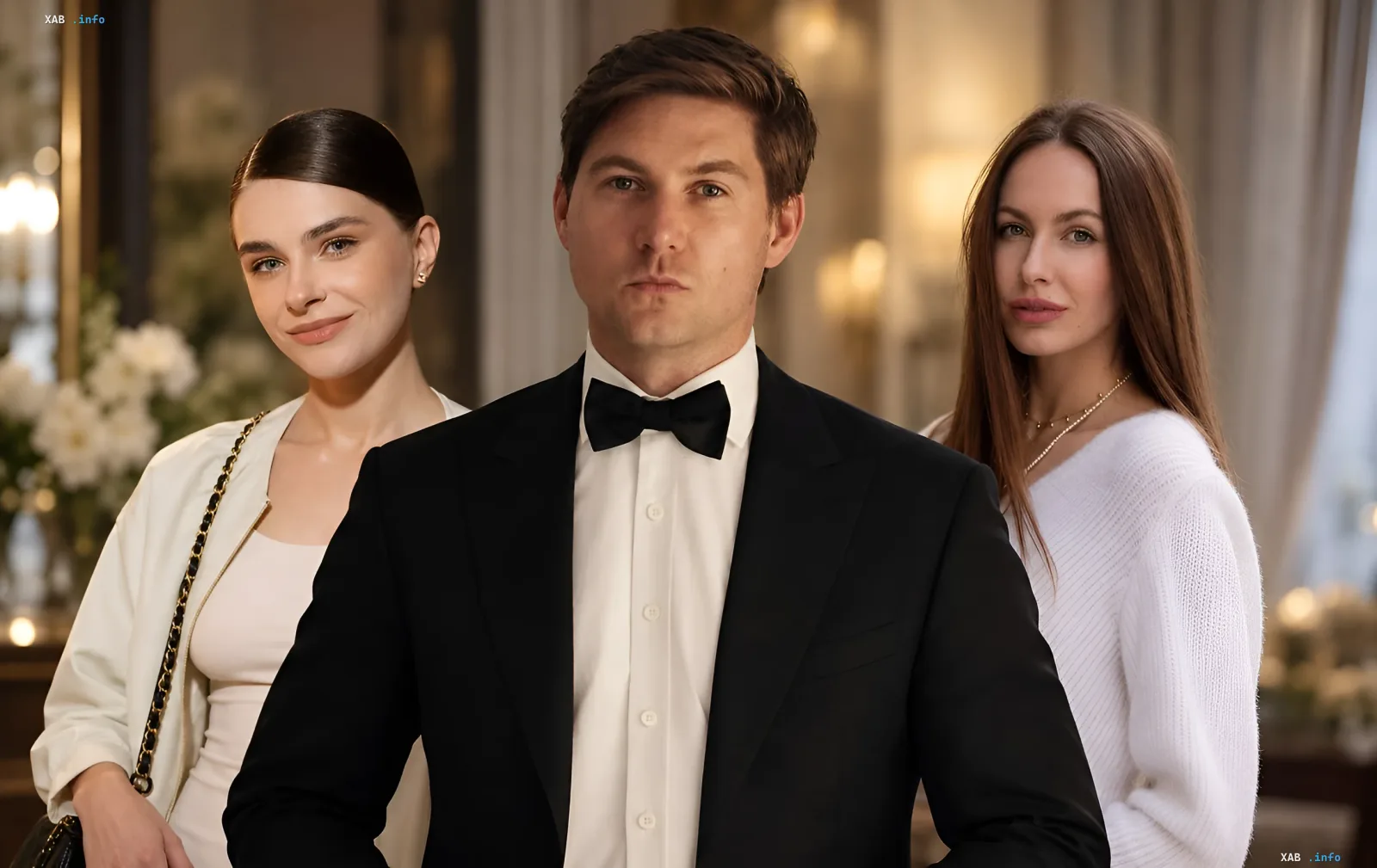 Volodymyr Ostapchuk in a tuxedo with a bow tie standing with two women at an event.