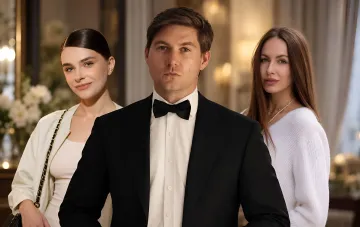 Volodymyr Ostapchuk in a tuxedo with a bow tie standing with two women at an event.