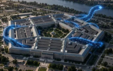 Aerial view of the Pentagon building with a digital glowing cybernetic snake overlaying the complex
