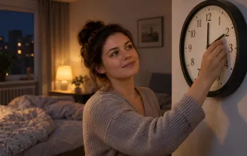 A woman turns back the hands of a wall clock for winter time in a room