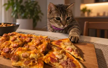 Curious tabby cat reaches a paw towards a homemade pizza with salami and cheese on a wooden board