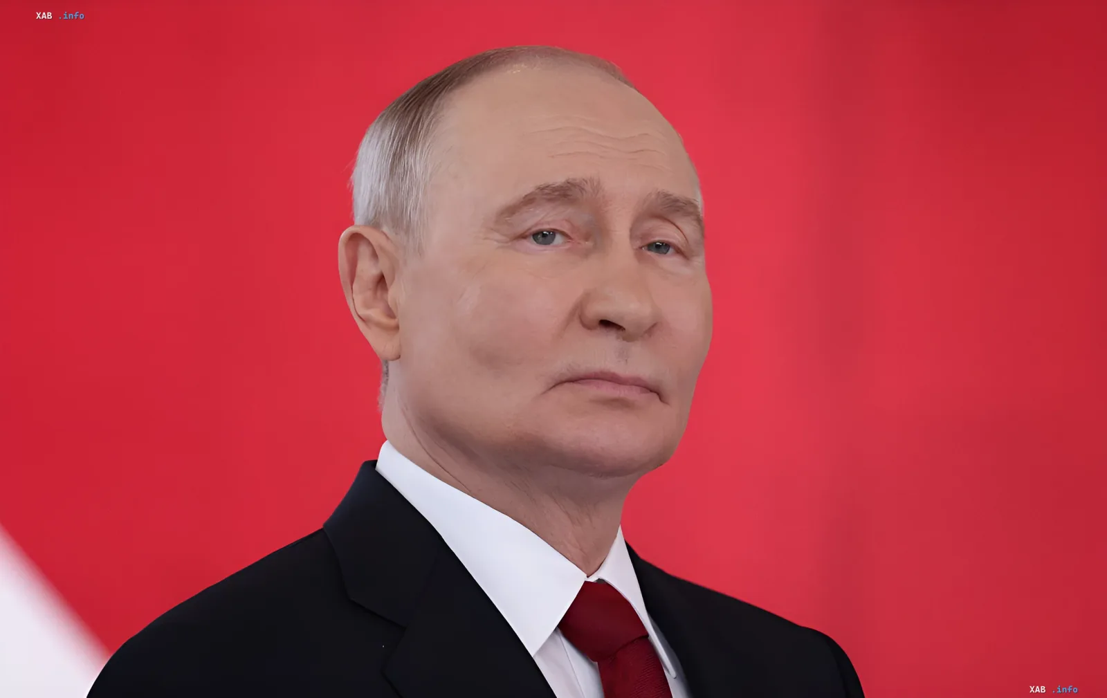 Russian President Vladimir Putin at an official event against a red background