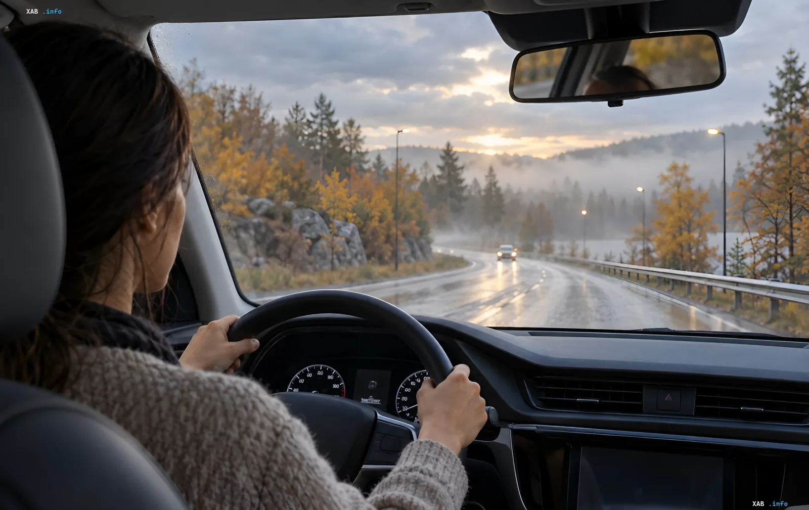 Woman driving a car on a wet autumn road in the fog