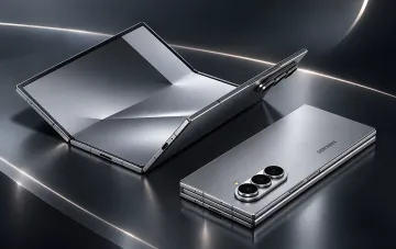 Два сріблястих складаних смартфони Samsung на темному тлі з підсвічуванням, один з яких частково розсунутий