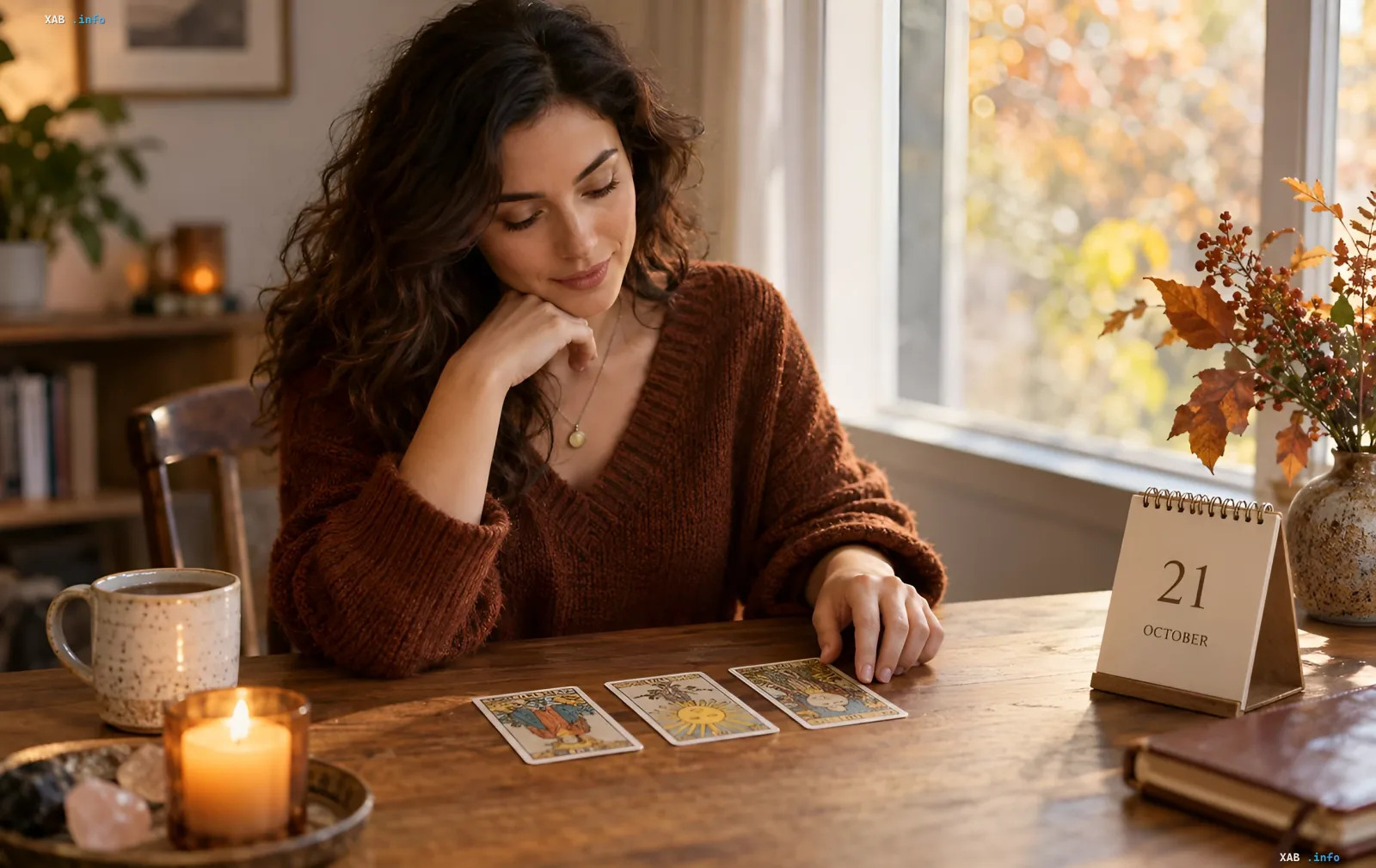 A woman reading tarot cards at a wooden table with a calendar and a candle