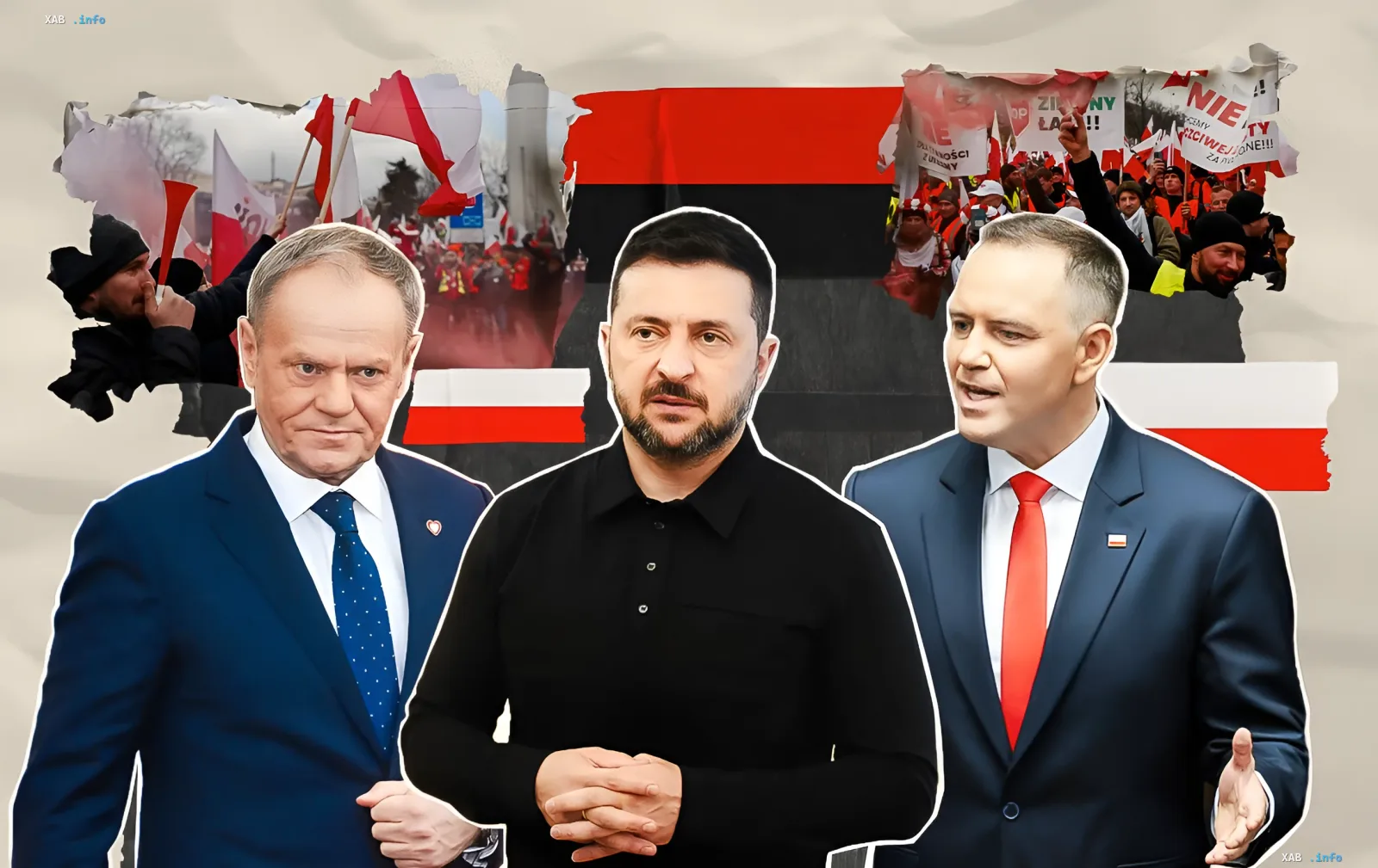 Politicians Donald Tusk, Volodymyr Zelenskyy, and Władysław Kosiniak-Kamysz against the backdrop of Polish and red-and-black flags with protests.