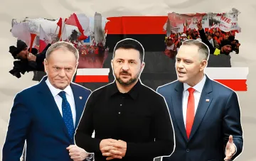 Politicians Donald Tusk, Volodymyr Zelenskyy, and Władysław Kosiniak-Kamysz against the backdrop of Polish and red-and-black flags with protests.