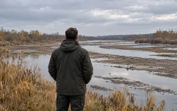Man in a jacket looks at a shallow river with muddy banks under a cloudy sky