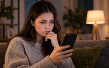 A young woman looking anxiously at her smartphone while sitting on a couch in the evening, symbolizing the threat of phishing.