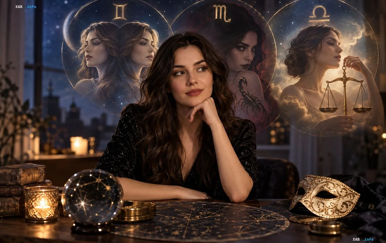 Female astrologer sitting at a table with a crystal ball against the background of zodiac symbols of Gemini, Scorpio, and Libra