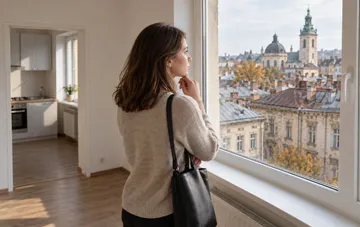 Eine Frau mit schwarzer Tasche blickt aus dem Fenster einer hellen Wohnung auf das herbstliche Stadtbild mit historischen Gebäuden von Lwiw
