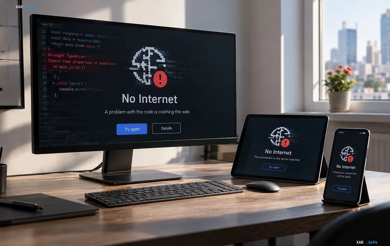 Компьютер, планшет и смартфон на деревянном столе отображают экран ошибки отсутствия интернет-соединения