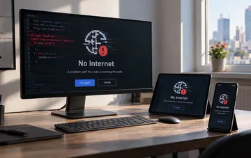 Компьютер, планшет и смартфон на деревянном столе отображают экран ошибки отсутствия интернет-соединения