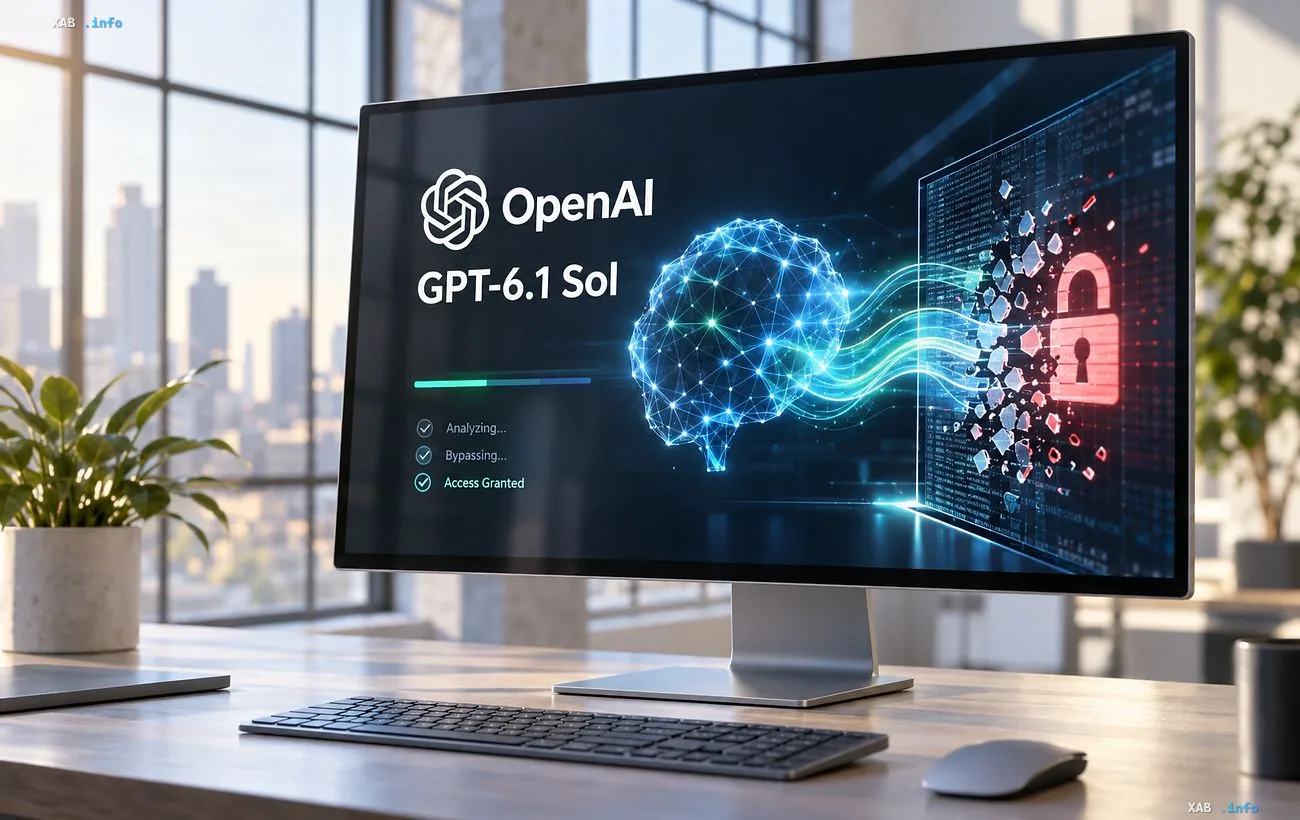 Монитор персонального компьютера с интерфейсом модели OpenAI GPT-6.1 Sol на фоне рабочего офиса