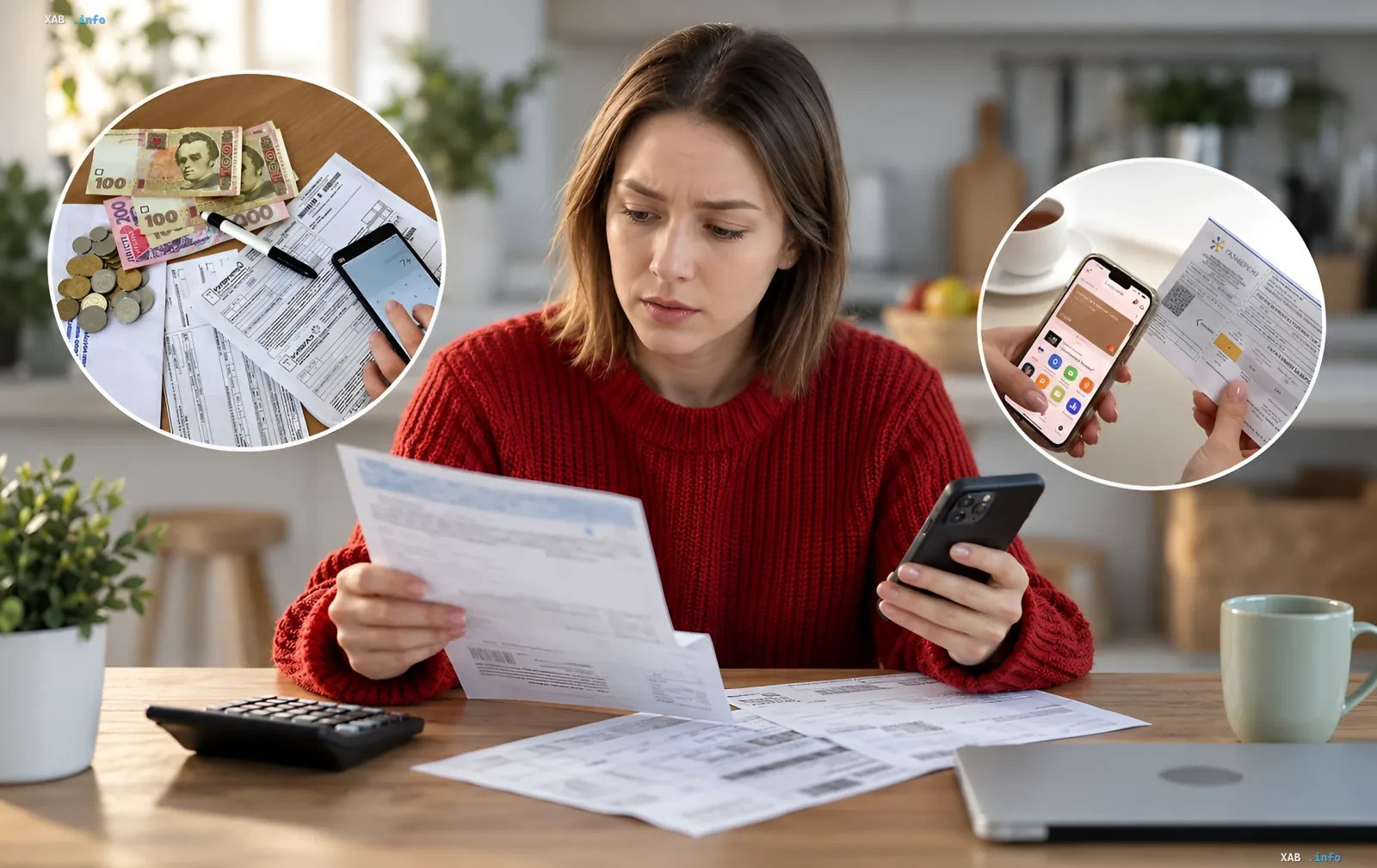 A woman checking utility bills and debts on a smartphone screen while sitting at a table
