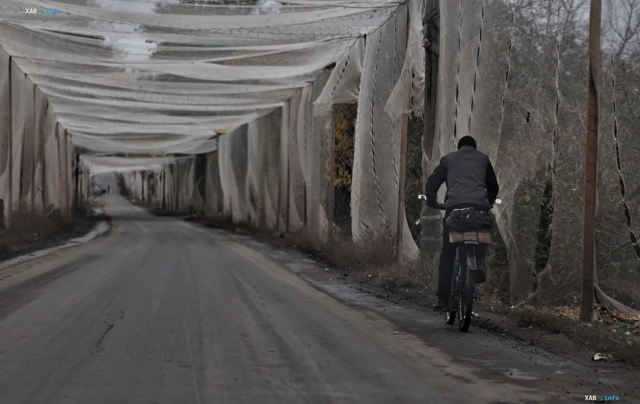 A cyclist rides down a road under a protective anti-drone net on an overcast day