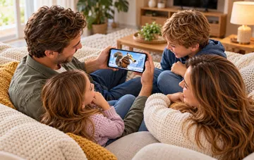 Familie schaut zusammen einen Zeichentrickfilm auf einem Smartphone auf der Couch im Wohnzimmer