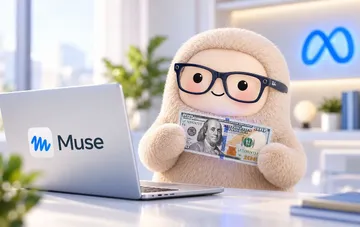 Плюшевый персонаж в очках сидит за ноутбуком с логотипом Muse и держит долларовую купюру в офисе Meta