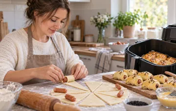 Woman in the kitchen wrapping mini sausages in dough before cooking in an air fryer