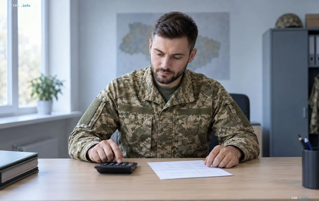Ukrainischer Soldat in Tarnuniform sitzt an einem Schreibtisch im Büro und berechnet Steuern mit einem Taschenrechner