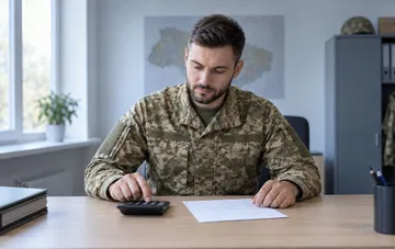 Ukrainischer Soldat in Tarnuniform sitzt an einem Schreibtisch im Büro und berechnet Steuern mit einem Taschenrechner