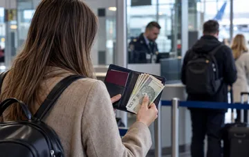 Woman with a backpack holding a wallet with Polish zlotys against the background of people at the airport