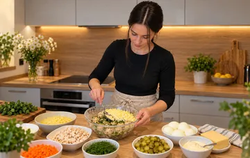 Женщина в черной кофте готовит многослойный салат Грибная поляна на кухне с ингредиентами