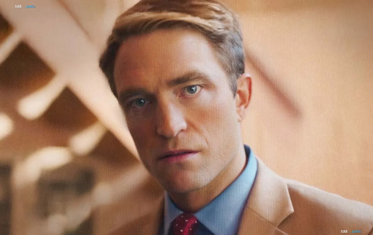 Actor Robert Pattinson as a television host in a beige suit in the feature film Primetime