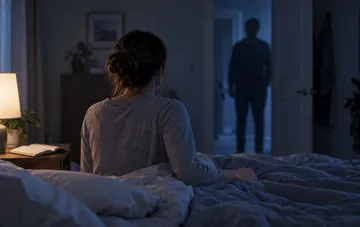 A woman wakes up at night in her bedroom, looking fearfully at a dark silhouette of an unknown person in the doorway